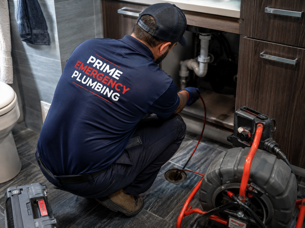 Professional drain cleaning technician from Prime Emergency Plumbing using a drain snake machine to clear a clogged residential drain in a modern bathroom.