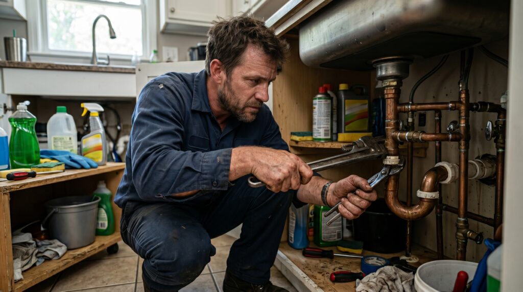Emergency plumber repairing a kitchen sink in Portland, OR