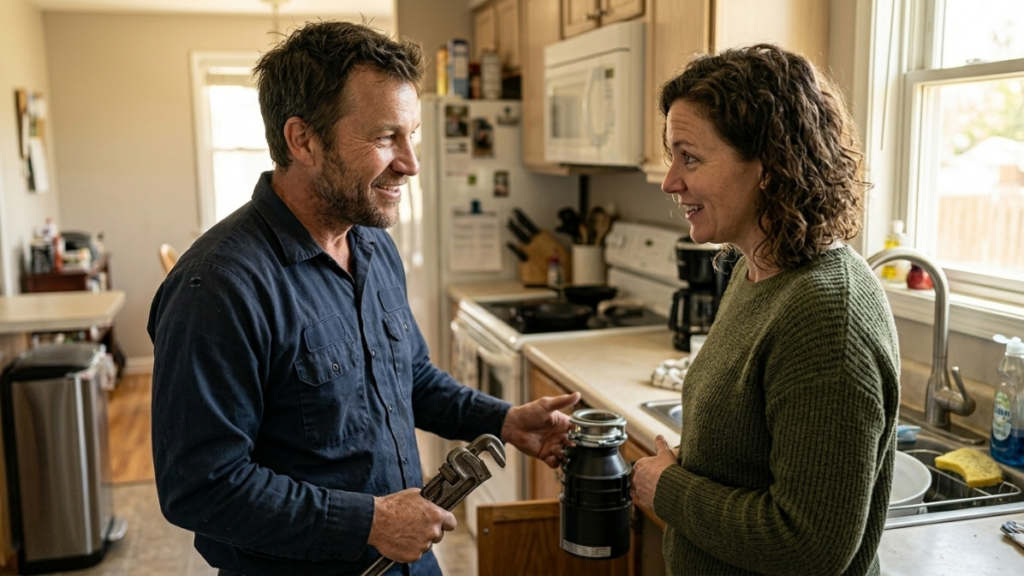 Portland plumber explaining a repair to a local homeowner