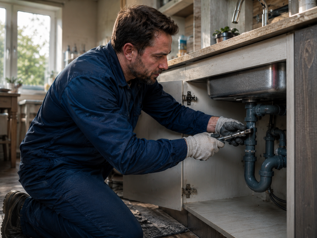 Licensed emergency plumber repairing pipes under a sink in Portland, OR